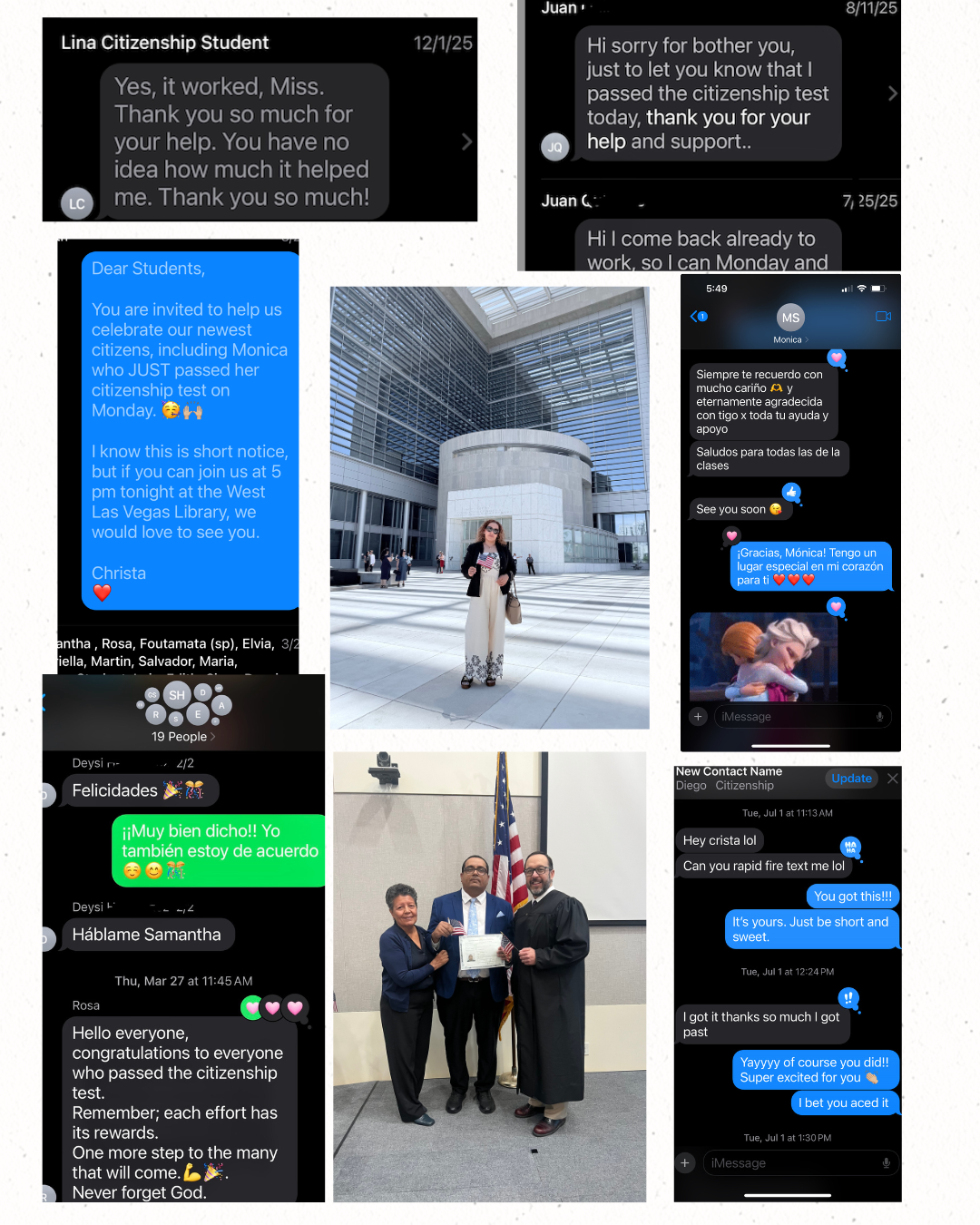 Collage of thank-you text messages from Students — Lina, Juan, Monica, Deysi, Rosa, Diego — and a photo of a new citizen with the judge after the oath.